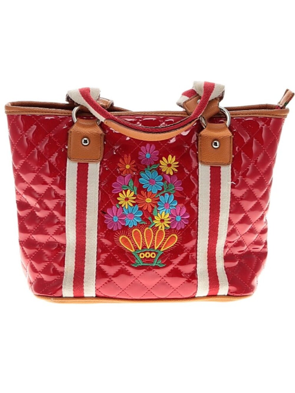 Adorable shiny red vinyl quilted bag/purse with embroidered flowers